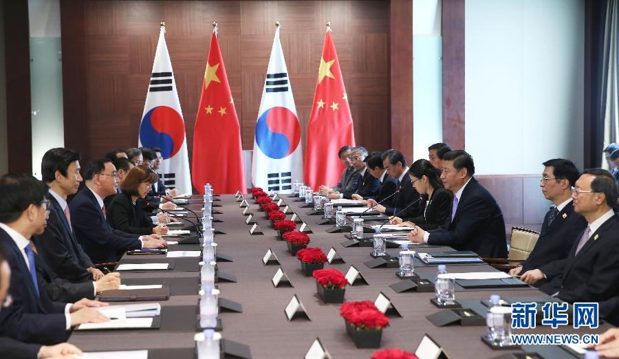 7月4日，國家主席習近平在首爾會見韓國總理鄭烘原。 新華社記者謝環(huán)馳攝 