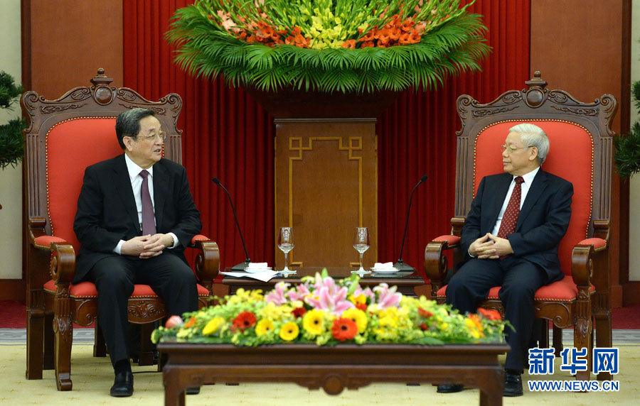 12月25日至27日，中共中央政治局常委、全國政協(xié)主席俞正聲對越南進(jìn)行正式訪問。這是12月26日，俞正聲在河內(nèi)會見越共中央總書記阮富仲。 新華社記者馬占成攝