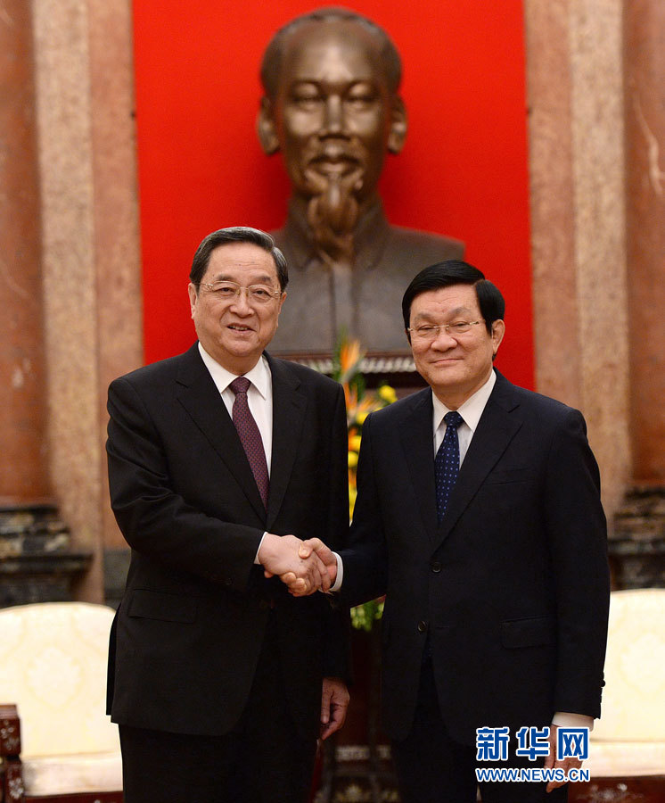 12月25日至27日，中共中央政治局常委、全國政協(xié)主席俞正聲對越南進(jìn)行正式訪問。這是12月26日，俞正聲在河內(nèi)會見越南國家主席張晉創(chuàng)。 新華社記者馬占成攝