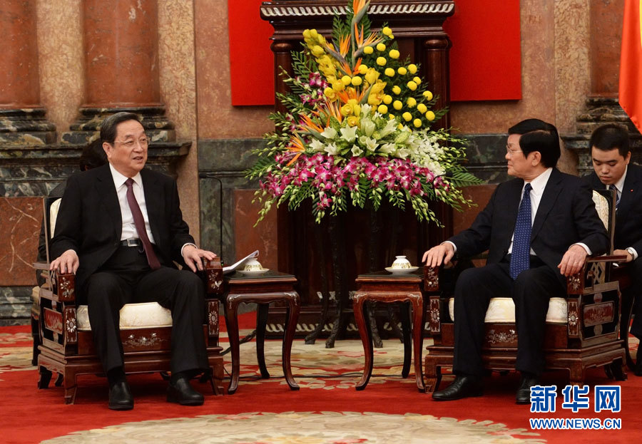 12月25日至27日，中共中央政治局常委、全國政協(xié)主席俞正聲對越南進(jìn)行正式訪問。這是12月26日，俞正聲在河內(nèi)會見越南國家主席張晉創(chuàng)。 新華社記者劉建生攝